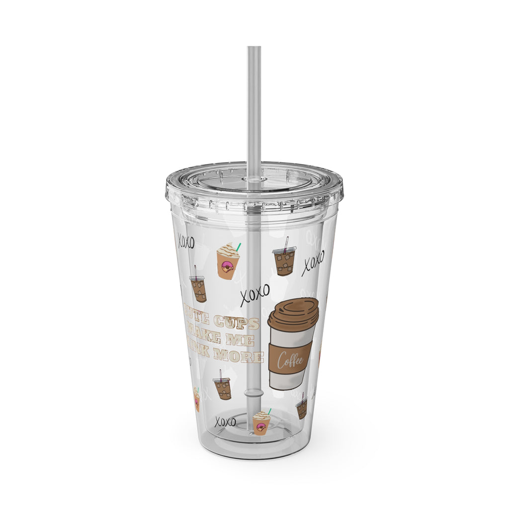 “Cute Cups Make Me Drink More” Clear Acrylic Coffee Tumbler - 16oz with Pink Donut, Caramel Frappe & XOXO Patterns | Aesthetic Iced Coffee Cup for Girly Baddies | Starbucks aesthetic coffee cup