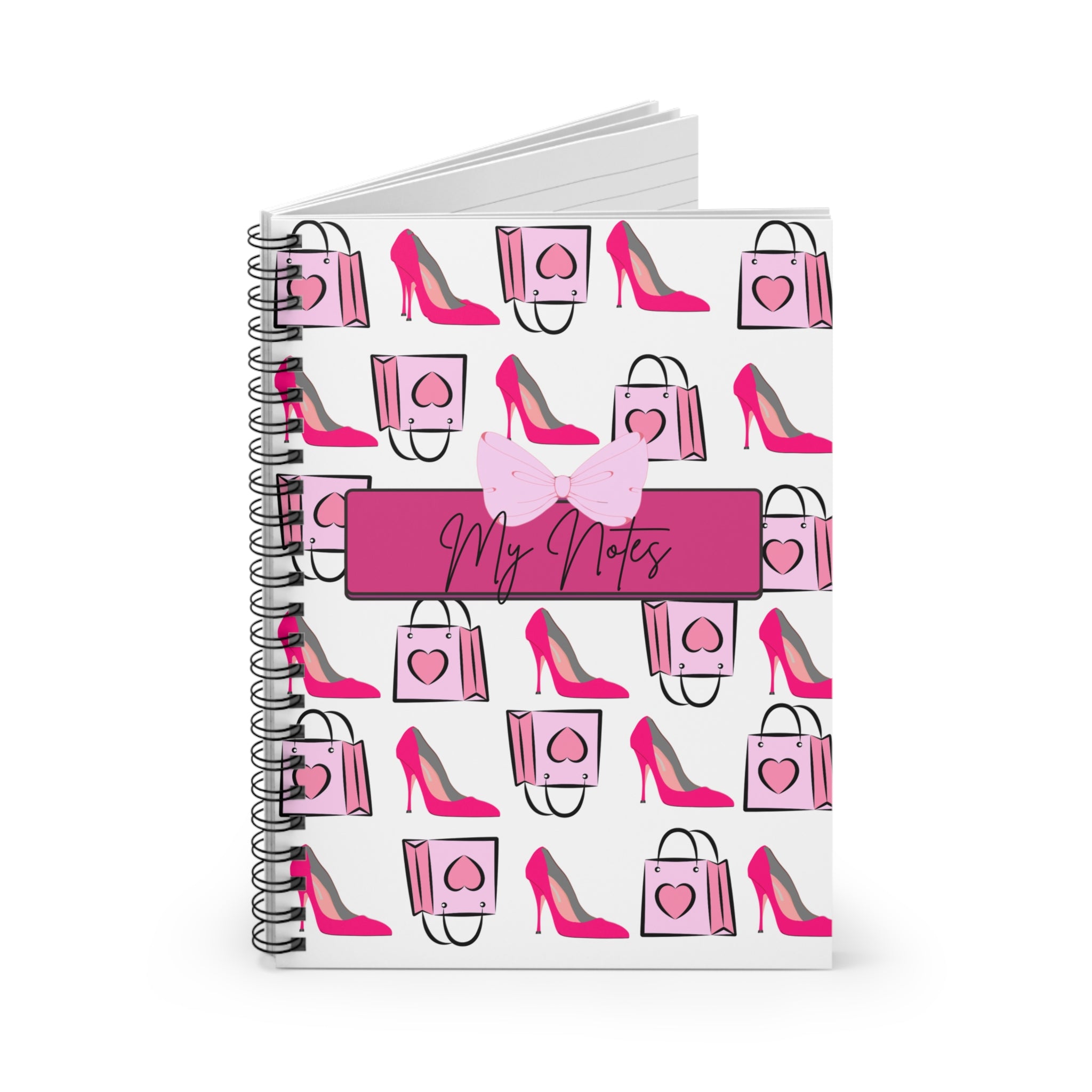 “Barbie Girl Spiral Notebook – Pink Heels & Shopping Bag Pattern with Bow | Luxury Spoiled Rich Girl Stationery”