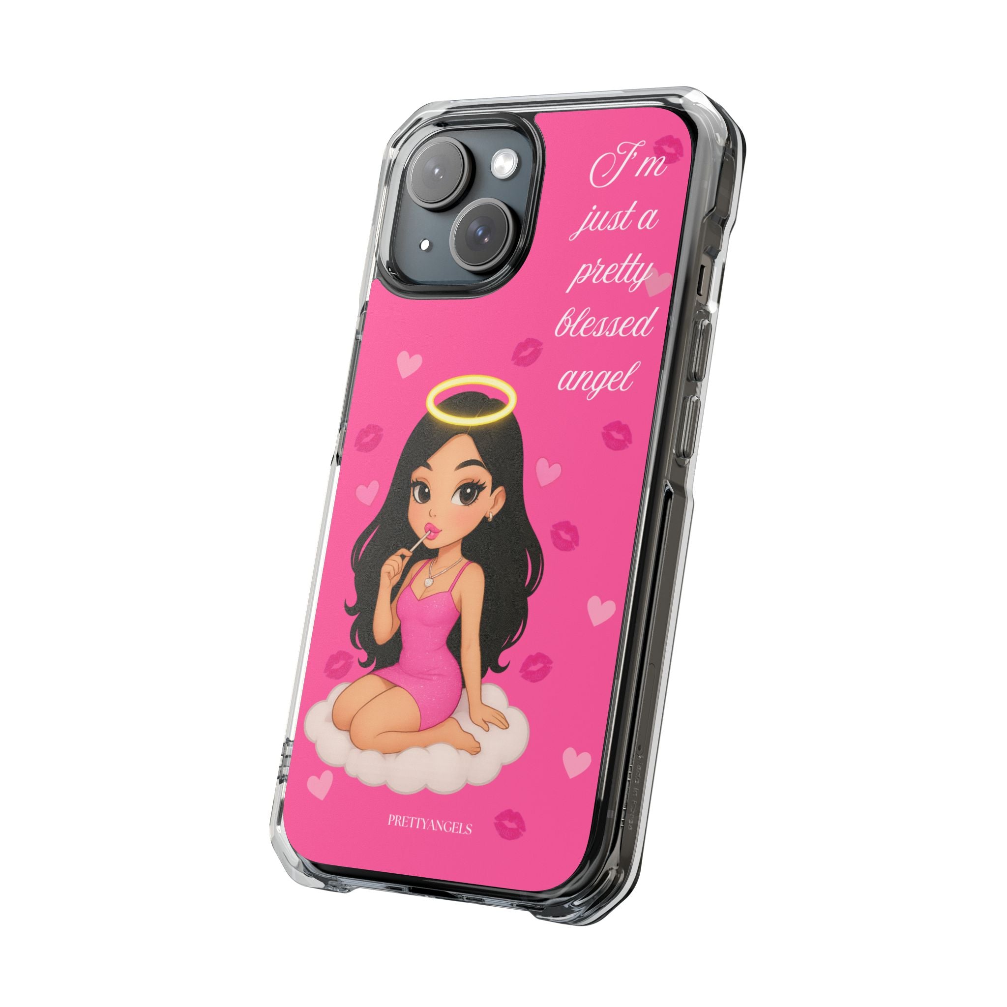 Pretty Blessed Angel MagSafe iPhone Case – Pink Baddie Doll on Cloud with Hearts & Lollipop | Shockproof Clear Cover