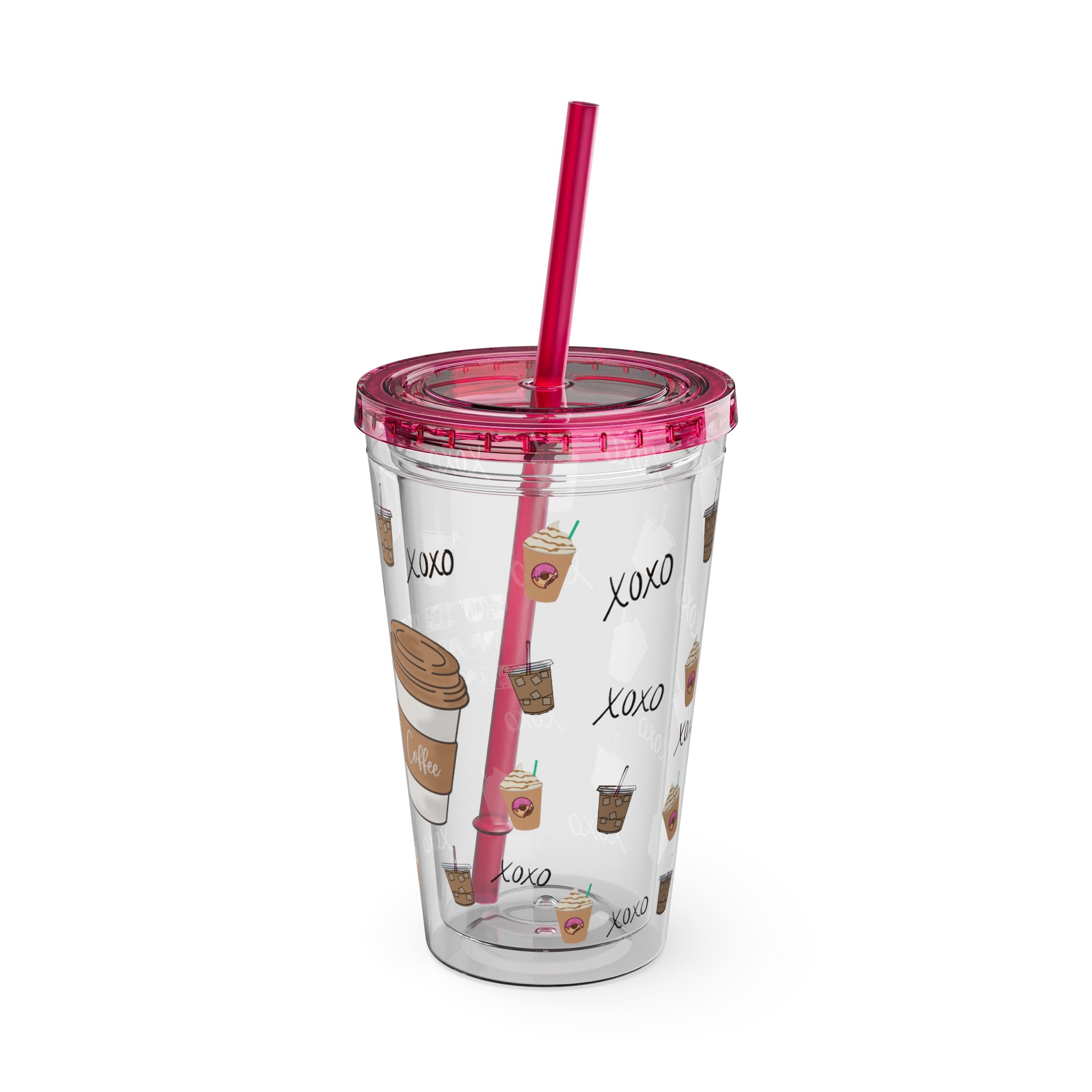 “Cute Cups Make Me Drink More” Clear Acrylic Coffee Tumbler - 16oz with Pink Donut, Caramel Frappe & XOXO Patterns | Aesthetic Iced Coffee Cup for Girly Baddies | Starbucks aesthetic coffee cup