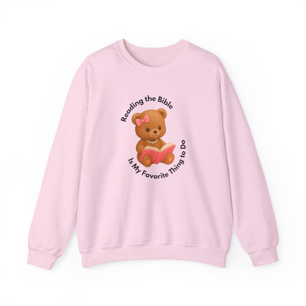 “Reading the Bible Is My Favorite Thing to Do” Teddy Bear Sweatshirt – Cute Girly Sweater in White, Ash, Sand, Sport Grey & Light Pink | Cozy Faith Aesthetic | Blessed Girl Gift