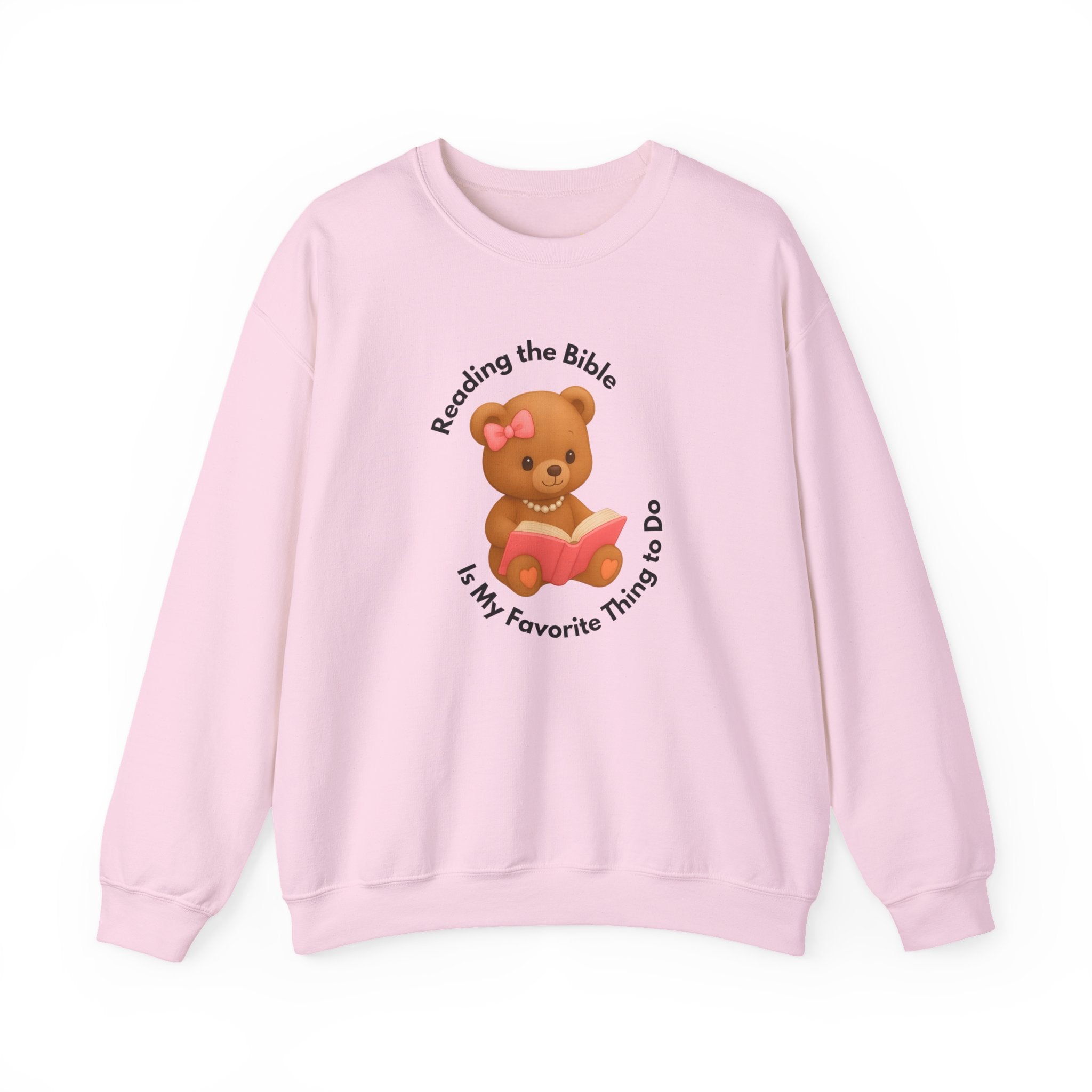 “Reading the Bible Is My Favorite Thing to Do” Teddy Bear Sweatshirt – Cute Girly Sweater in White, Ash, Sand, Sport Grey & Light Pink | Cozy Faith Aesthetic | Blessed Girl Gift