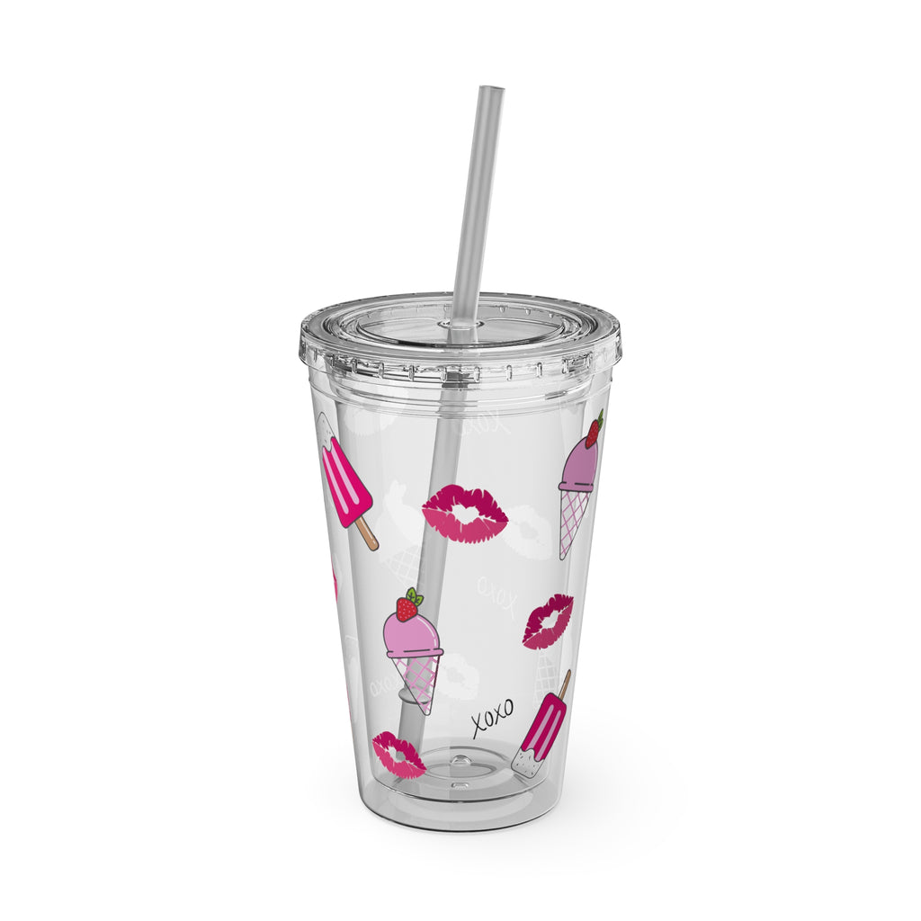 Barbie Girl Summer Tumbler - 16oz Pink Acrylic Cup with Ice Cream, Pink Popsicles, XOXO & Kisses - Cute Clear Tumbler for Iced Coffee & Rich Girl Aesthetics, Girly Beach Days Tumbler