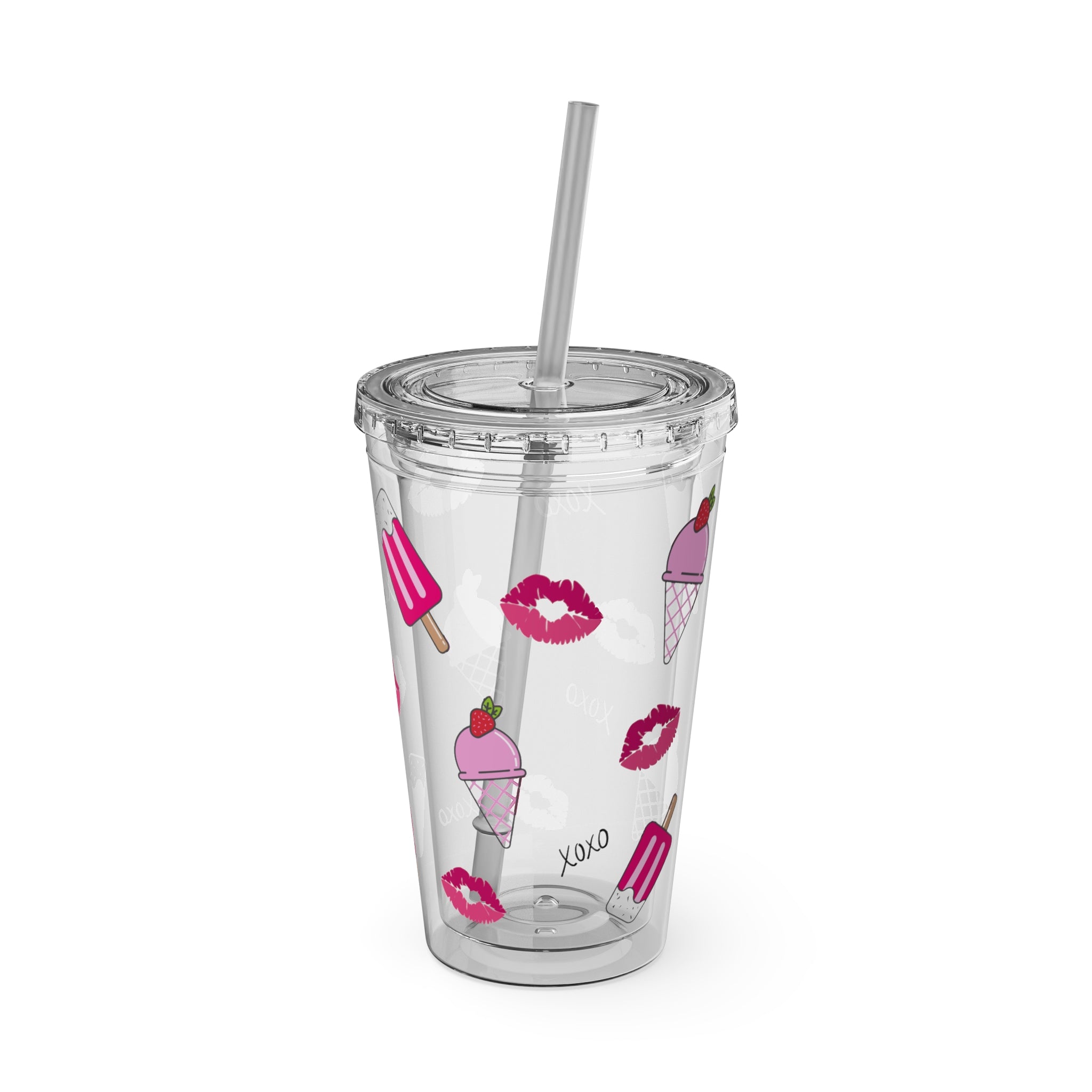 Barbie Girl Summer Tumbler - 16oz Pink Acrylic Cup with Ice Cream, Pink Popsicles, XOXO & Kisses - Cute Clear Tumbler for Iced Coffee & Rich Girl Aesthetics, Girly Beach Days Tumbler