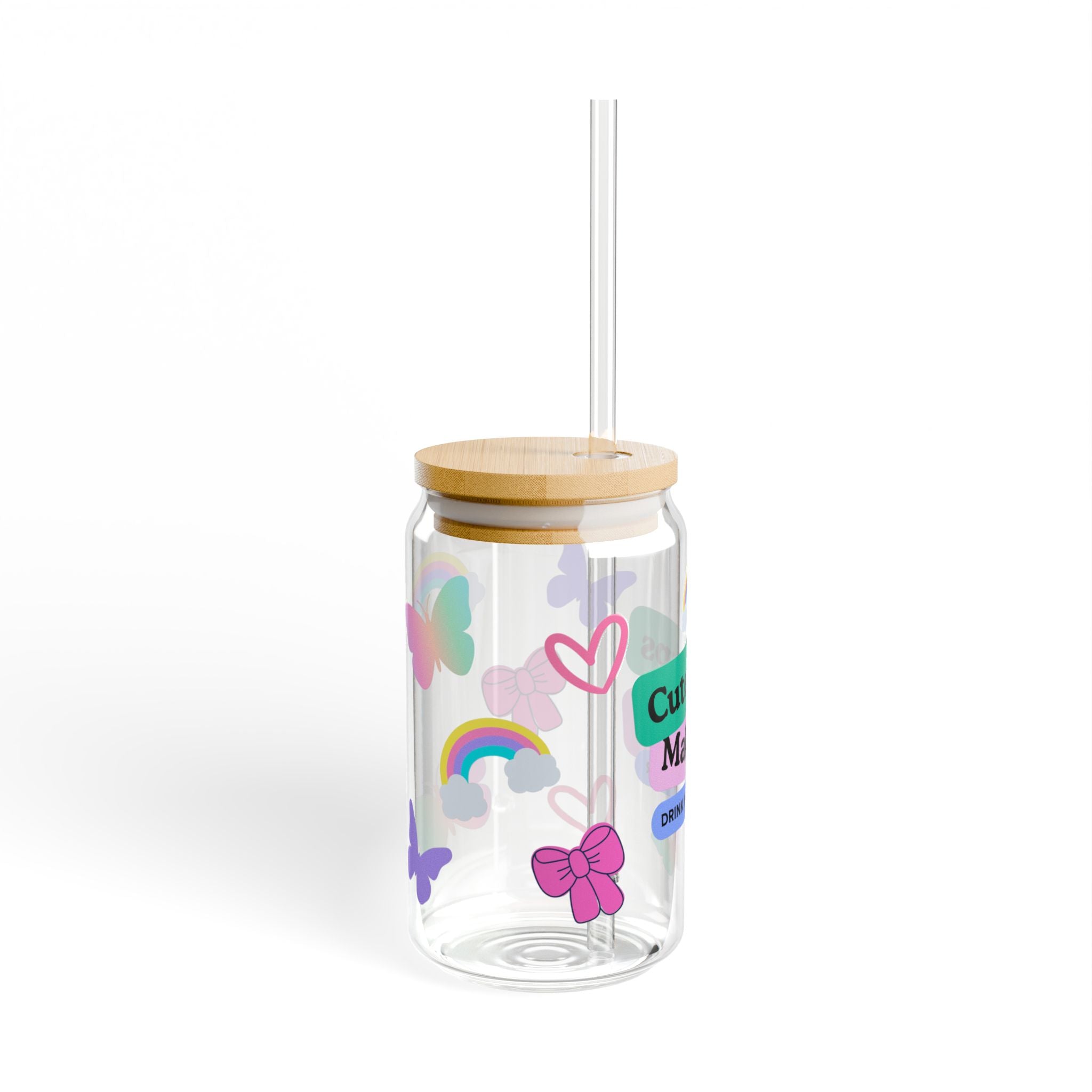 Pastel Aesthetic Clear Cup with Bamboo Lid & Tritan Straw – Cute Butterfly & Rainbow Hydration Tumbler 16oz