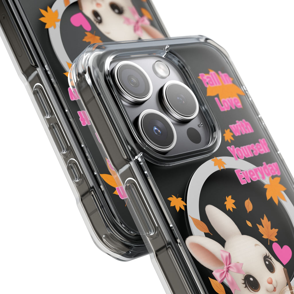 Fall in Love with Yourself Everyday – Cute White Bunny MagSafe iPhone Case with Hearts & Autumn Leaves, Luxury Aesthetic Clear Phone Cover