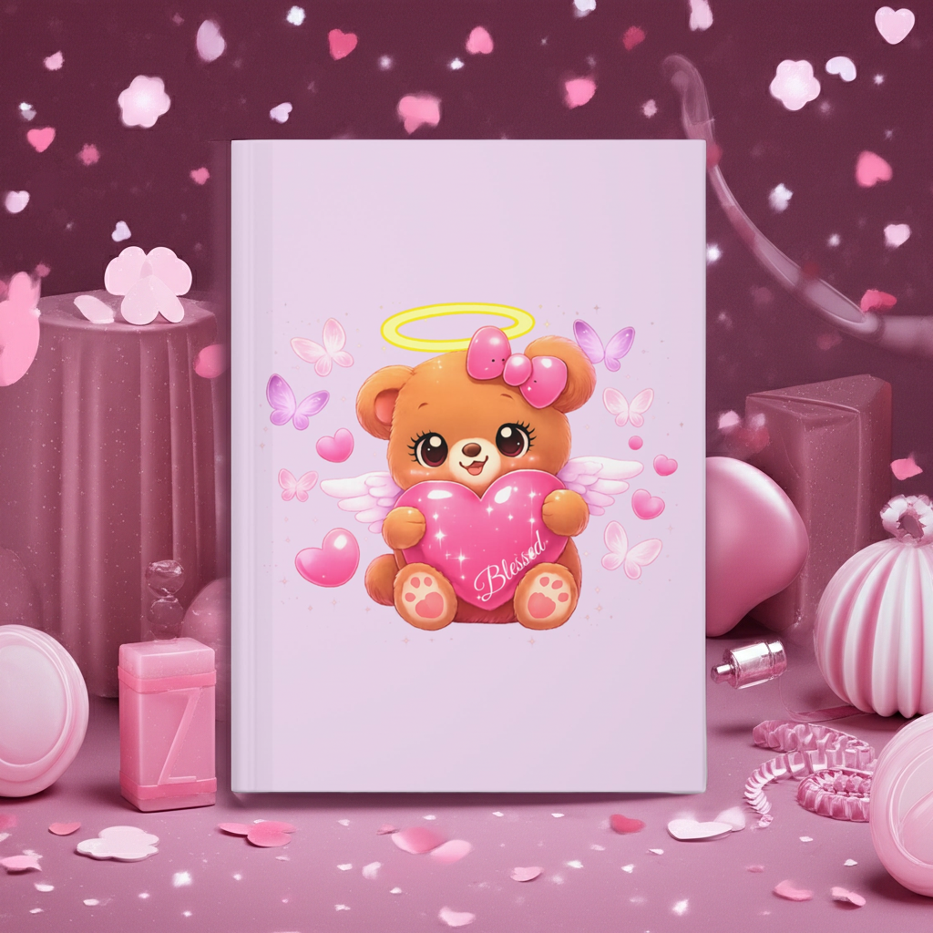 Blessed Angel Teddy Bear Hardcover Journal — Cute Pink Heart Notebook for Girly Girls